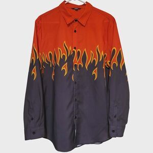 Ouku Long Sleeve Button Front Flames Shirt Men's Large Black Red